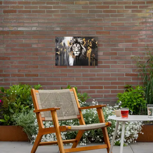 Leeuw - Portret - Verfspatten - Grijs Tuinposter op houten frame 2 cm dik klein -sfeer3
