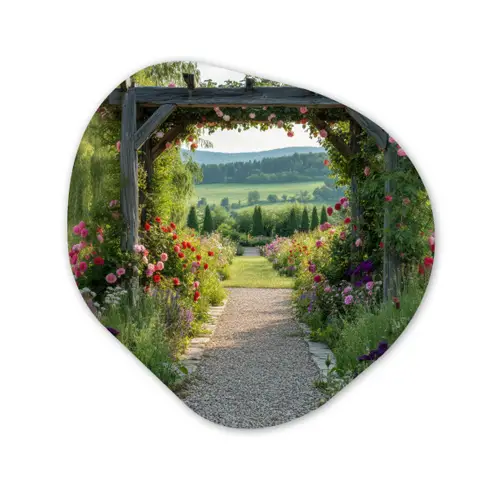 Doorkijk - Landschap - Natuur - Tuinboog - Bloemen Wandcirkel Organisch Aluminium middel -3d