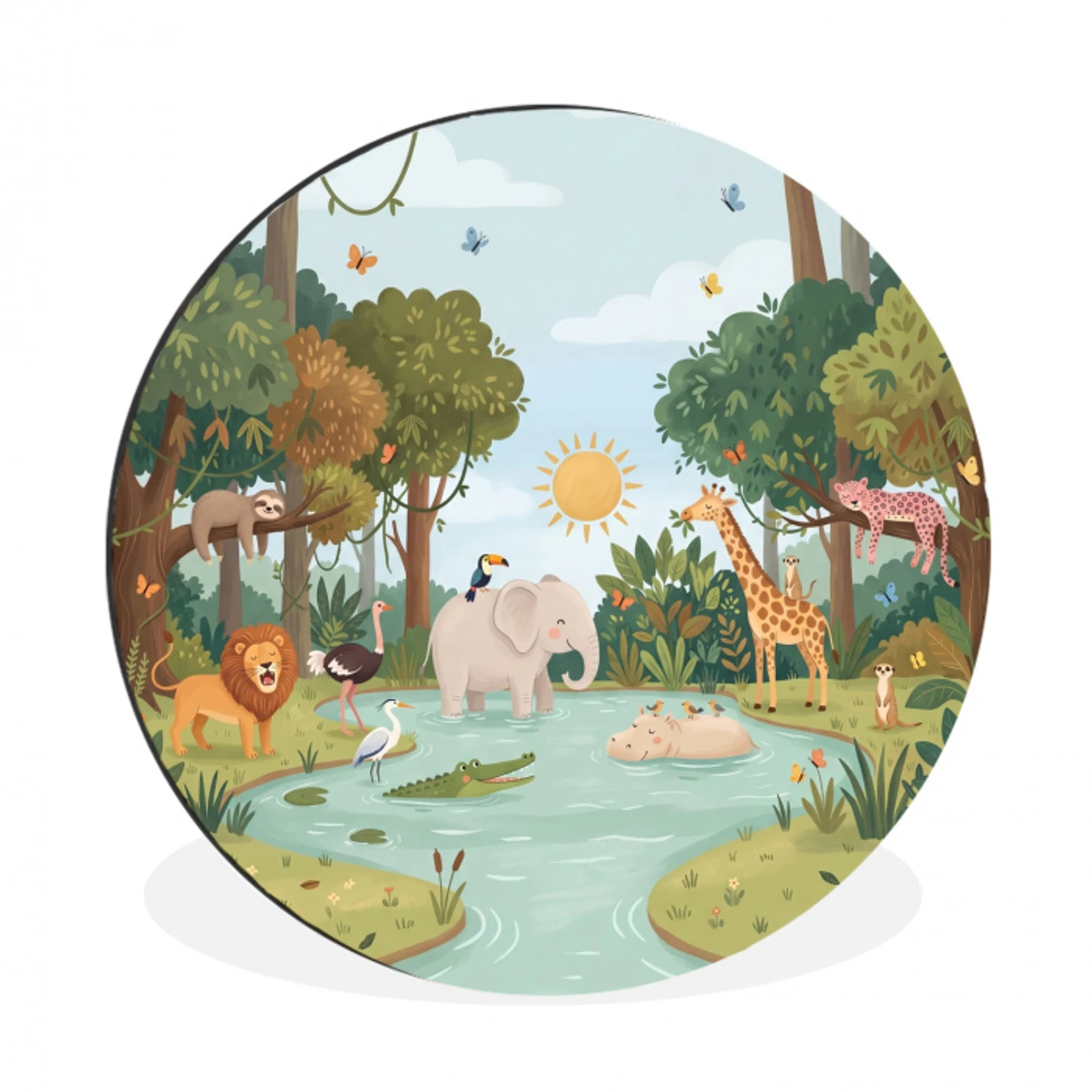 Jungle - Oase - Dieren - Kleurrijk Wandcirkel aluminium klein -3d