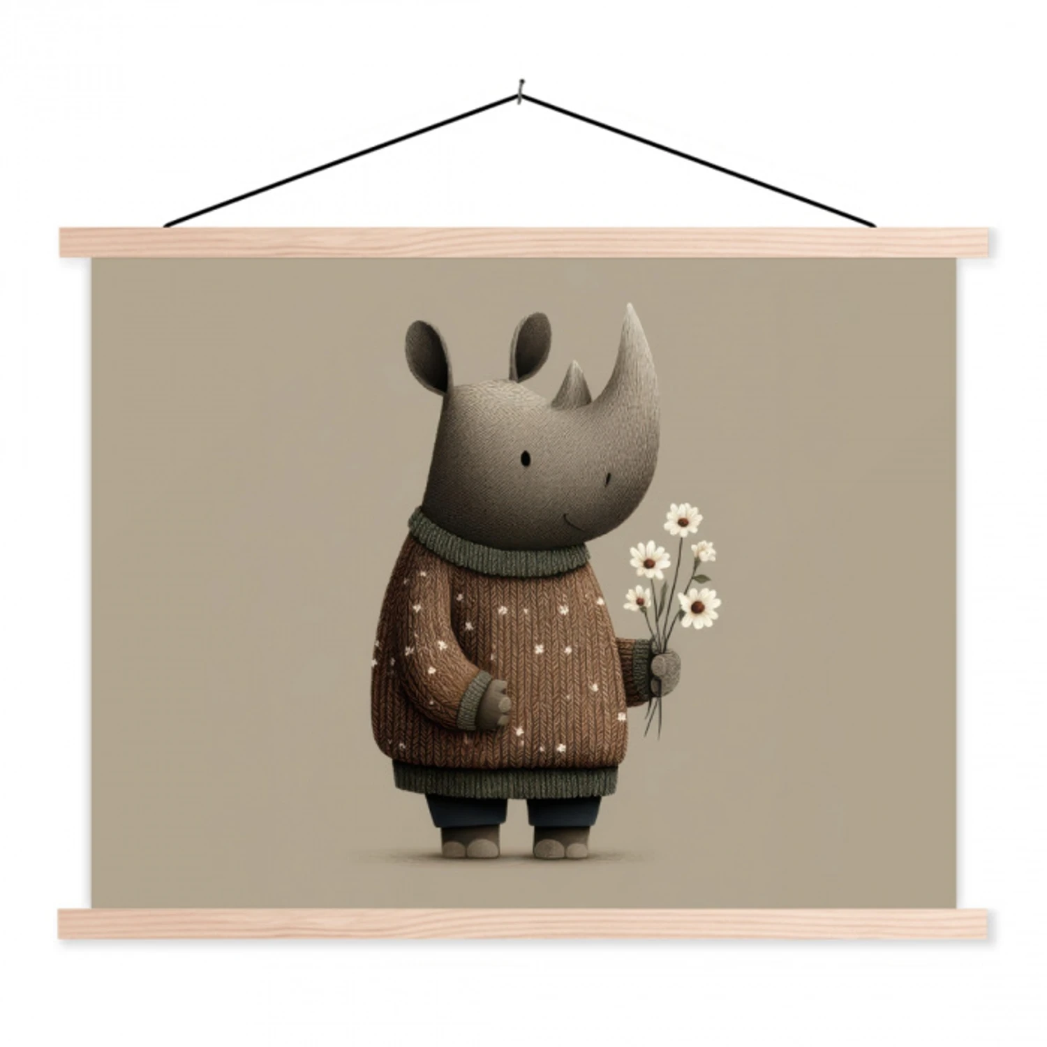 Neushoorn - Witte bloemen - Lief textielposter latten blank klein -3d