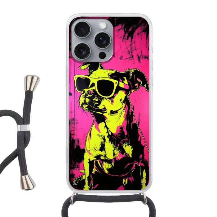 Hond - Zonnebril - Roze - Art Hoesje iPhone 16 Pro Max met koord klein -3d
