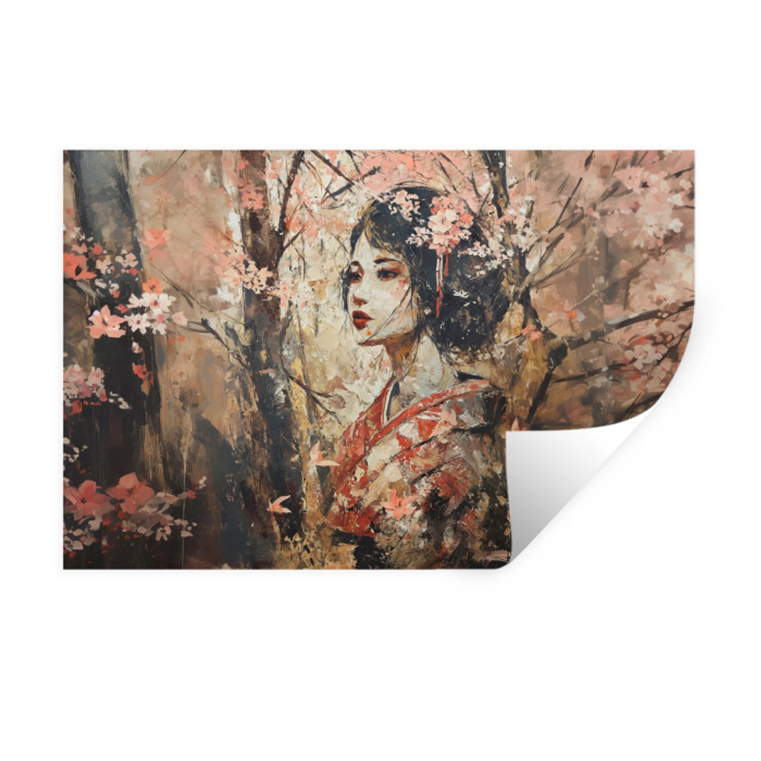 Kimono - Vrouw - kersenbomen Muursticker klein -3d