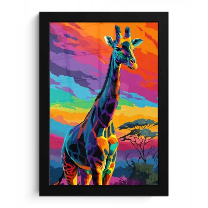 Giraffe - Savanna - Lucht - Gekleurd fotolijst zwart zonder passe partout klein -3d