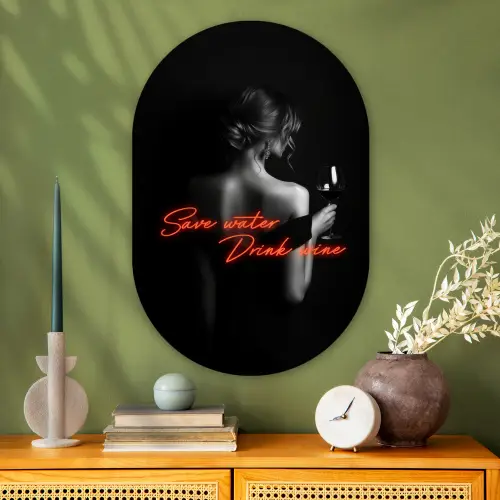 Wijn - Vrouw - Neon - Quote Wandcirkel Ovaal Glas middel -sfeer2