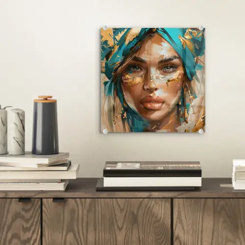 Vrouw - Portret - Goud - Luxe - Blauw plexiglas 5mm klein -sfeer1