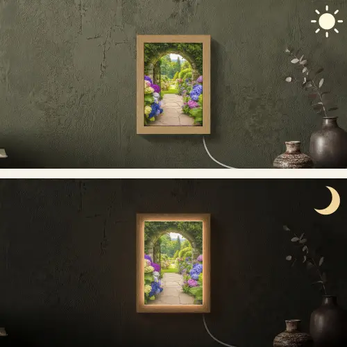 Doorkijk - Poort - Hortensia - Bloementuin Light Box met kabel (Wandlamp) klein -sfeer3