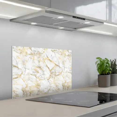 Marmer - Wit - Expressief - Goudaccenten keuken achterwand spatscherm klein 900 -3d_schuin
