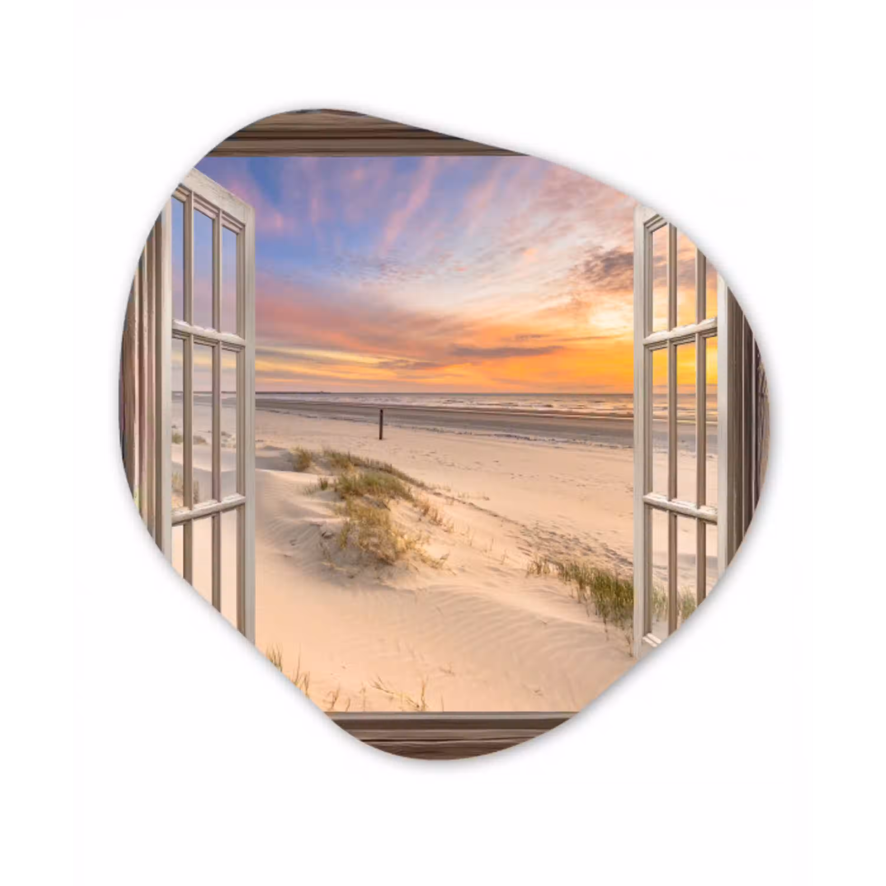 Doorkijk - Strand - Duinen - Natuur - Landschap Wandcirkel Organisch Plexiglas middel -3d