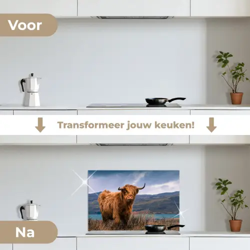 Schotse Hooglander - Berg - Water - Natuur - Koe keuken achterwand spatscherm klein -voor_na_NL