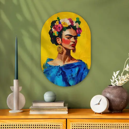 Frida Kahlo - Vrouw - Geel - Blauw - Bloemen Wandcirkel Ovaal Forex klein -sfeer2