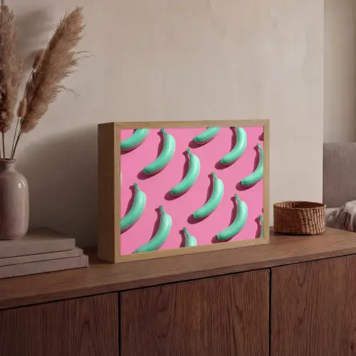 Bananen - Patroon - Blauw - Roze Light Box met batterij (Wandlamp) middel -sfeer2