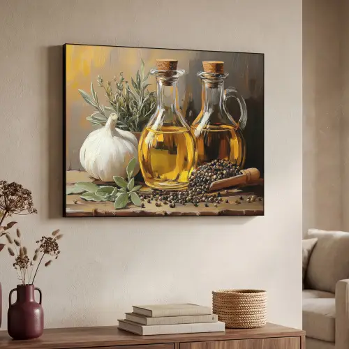 Stilleven - Olijfolie - Knoflook - Kruiden Textielframe zwart klein -sfeer3
