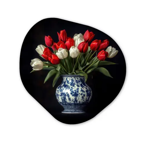 Rode - Bloemen - Tulpen - Vaas Wandcirkel Organisch Aluminium middel -3d