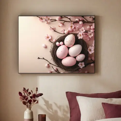 Roze - Bloesems - Eieren Textielframe zwart klein -sfeer1