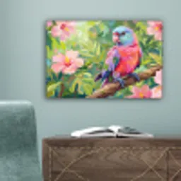 Papagaai - Hibiscusbloemen - Kleurrijk canvas 2cm klein -sfeer4
