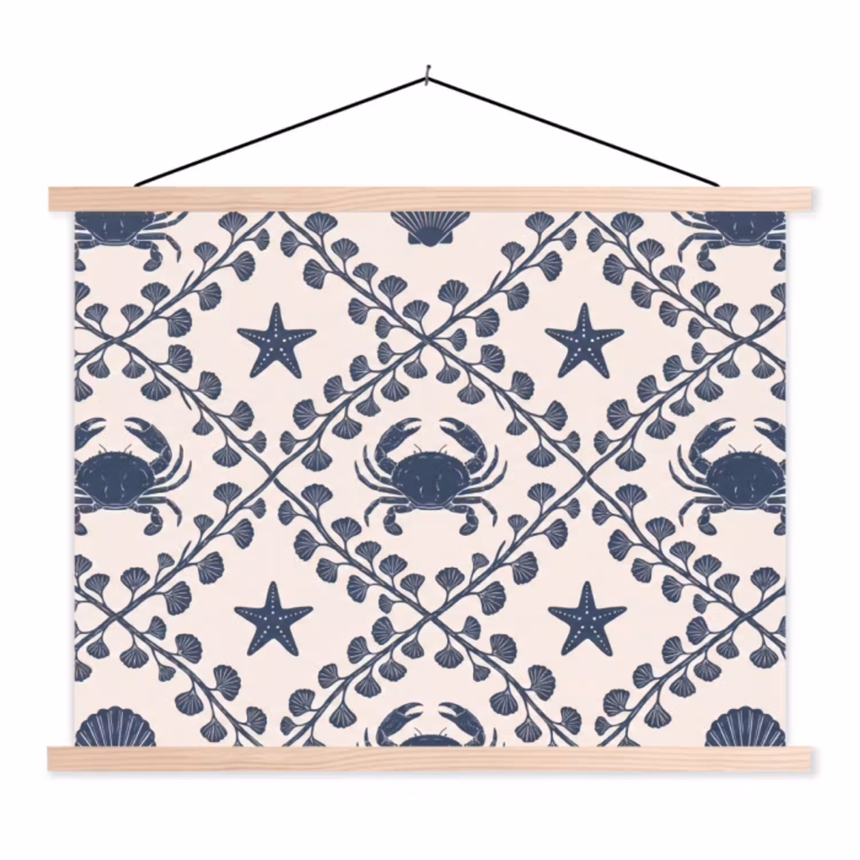 Zee - Krab - Zeester - Patroon - Blauw textielposter latten blank klein -3d