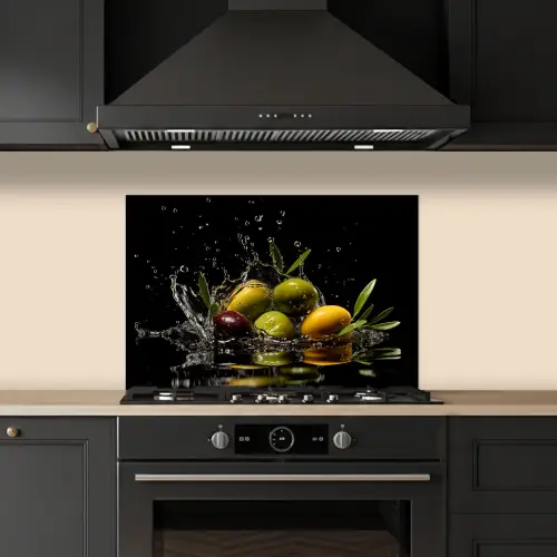 Olijven - Groen - Water - Zwart keuken achterwand spatscherm klein -sfeer1
