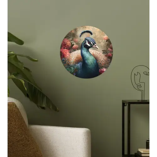 Pauw - Vogel - Bloemen - Planten - Pauwenveren Wandcirkel behangsticker klein -sfeer2