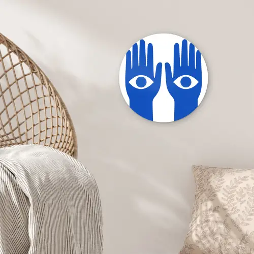 Handen - Twee - Ogen - Blauw Wandcirkel kunststof plaat 5mm dik klein -sfeer5
