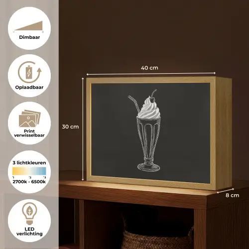 Ijscoupe - Kers - Krijtstijl - Slagroom Light Box met batterij (Wandlamp) middel -USP_websiteoverzichtNL