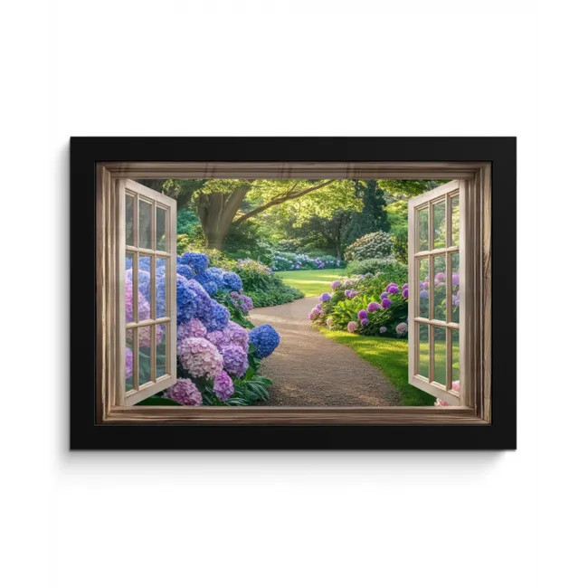 Doorkijk - Tuin - Raam - Hortensia - Bloemen fotolijst zwart zonder passe partout klein -3d