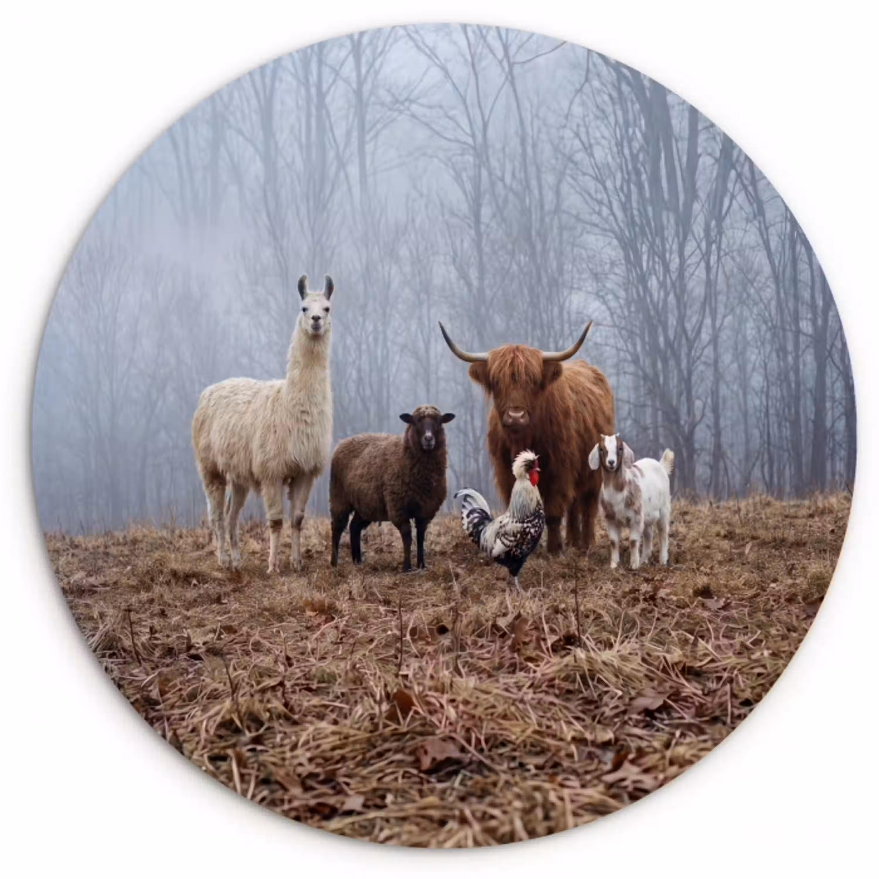 Boerderijdieren - Groep - Mist - Natuur - Rustiek Wandcirkel kunststof plaat 5mm dik klein -3d
