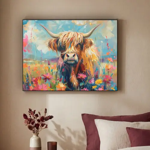 Schotse hooglander - Natuur - Kleurrijk - Bloemen Textielframe zwart klein -sfeer1