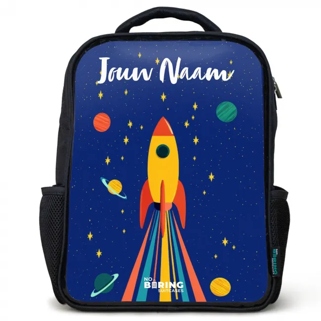 Kinderrugzak zwart met naam - Raket - Sterren - Planeet - Ruimte