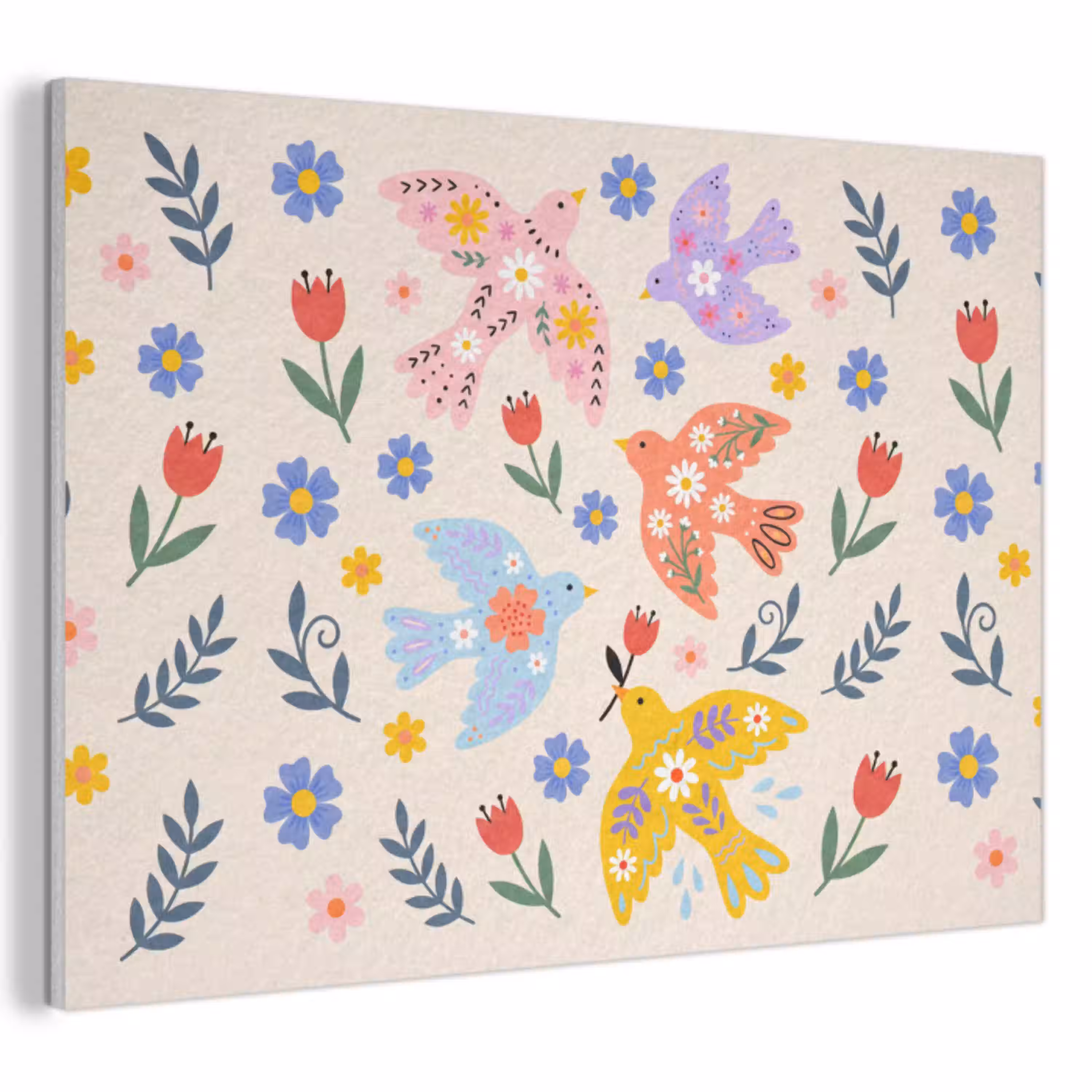 Vogel - Bloemen - Folk - Kleurrijk - Dieren PET vilt klein -3d