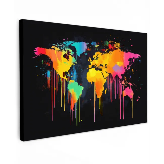 Wereldkaart - Verf - Kleurrijk - Graffiti - Wereld Tuinposter op houten frame 2 cm dik klein -3d