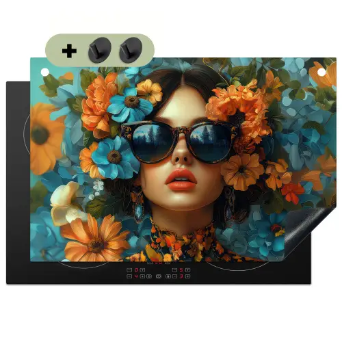 Vrouw - Bloemen - Oranje - Blauw - Modern Inductie beschemer met haakjes klein -3d