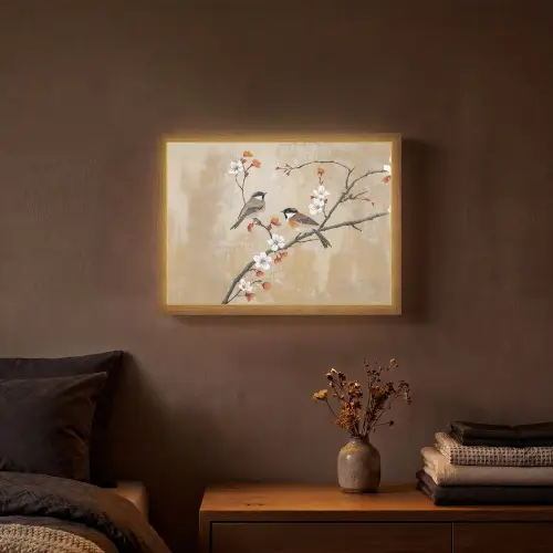 Vogels - Bloesemtak - Bloemen - Oranje Light Box met batterij (Wandlamp) middel -sfeer4