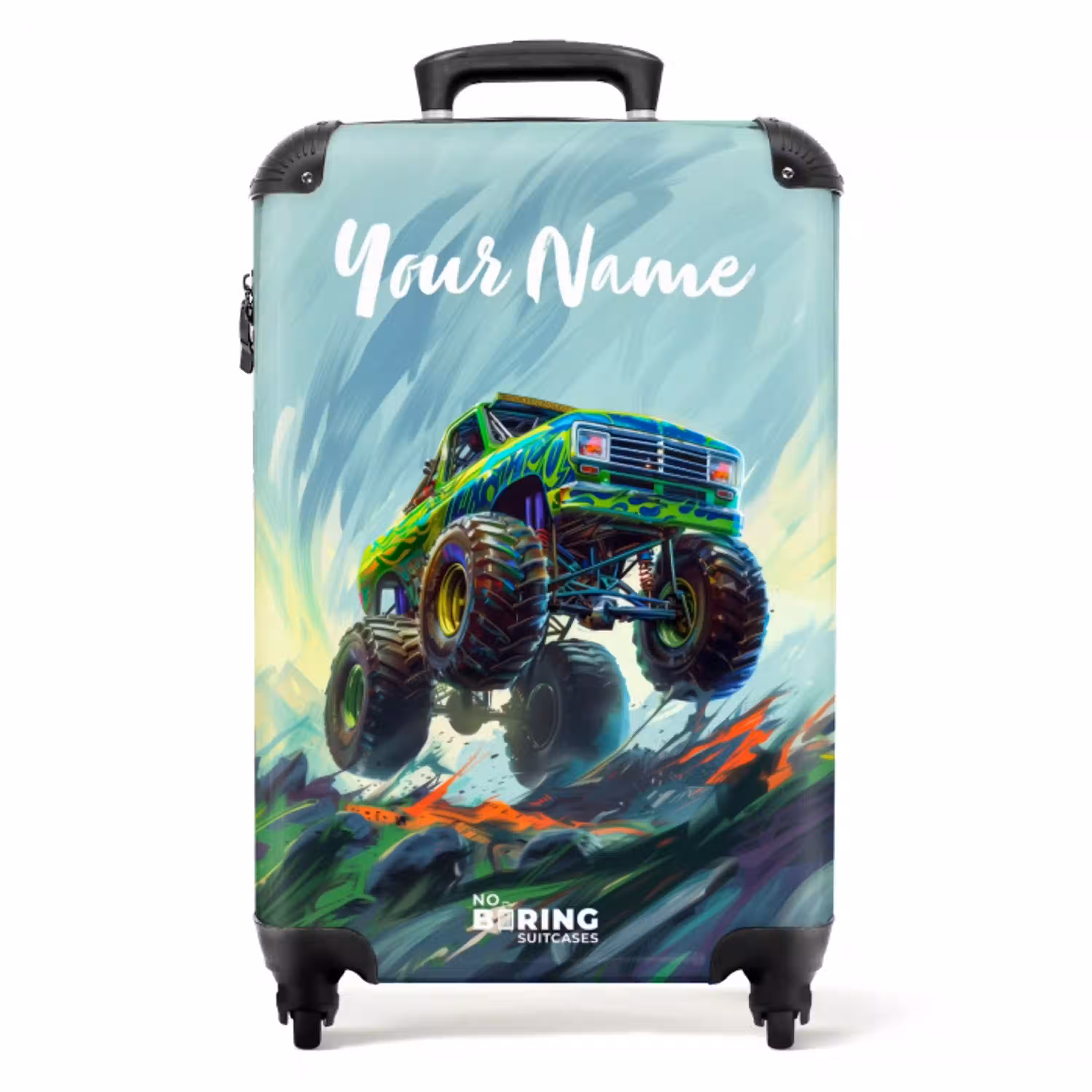 Groene Monstertruck met Penseelstreken NBS - Handbagage koffer - Kinderen Unisex middel -productfoto_recht