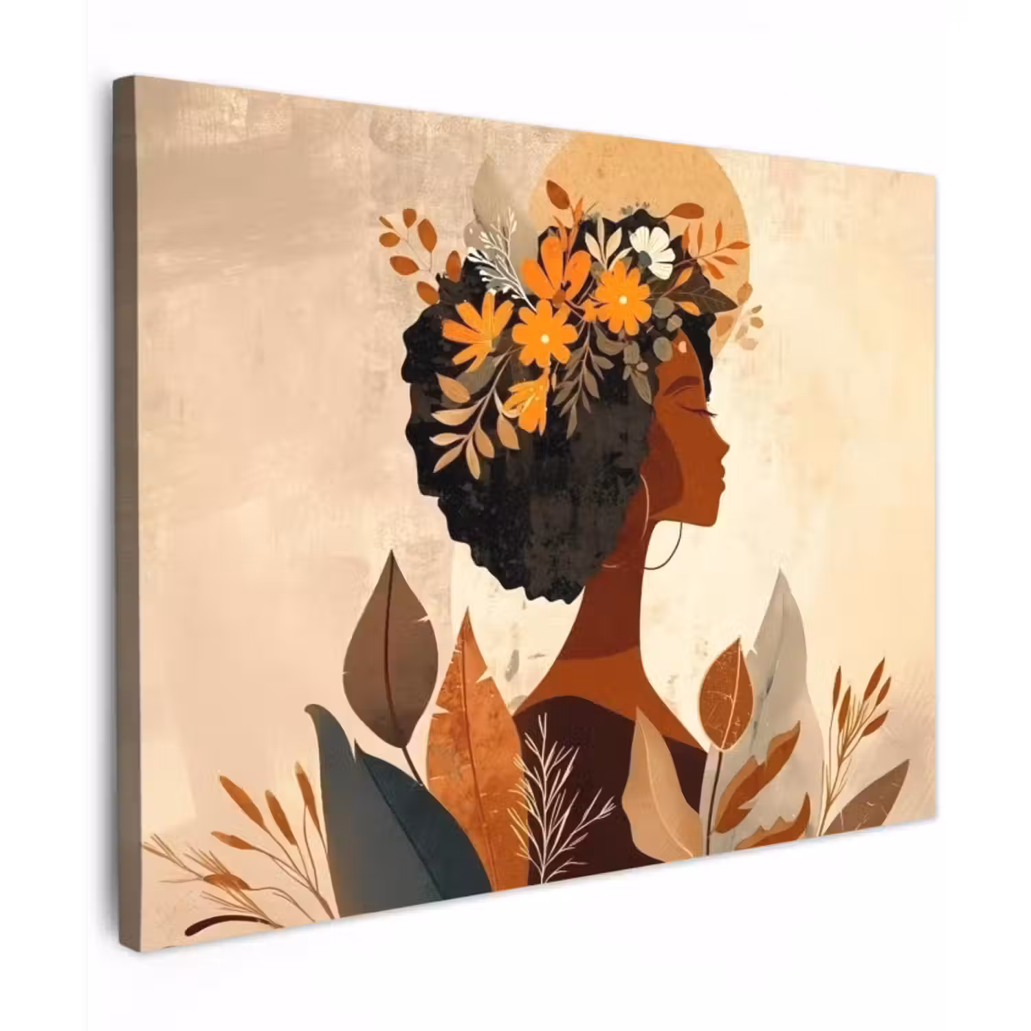 Canvas schilderij - Vrouw - Krullen - Bloemen - Beige