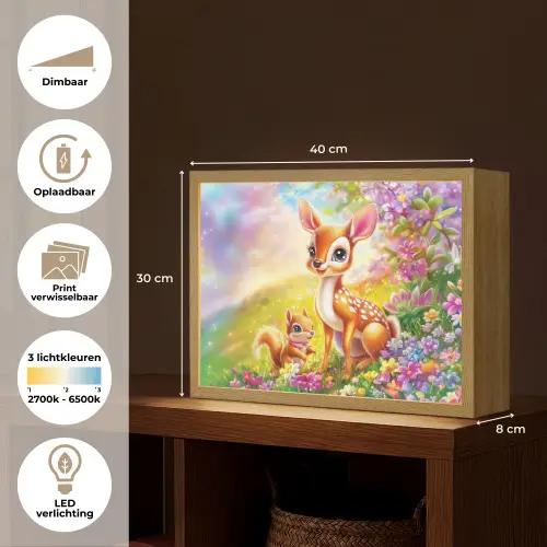 Hertje - Eekhoorn - Bloemenveld - Kleurrijk Light Box met batterij (Wandlamp kind) middel -USP_websiteoverzichtNL