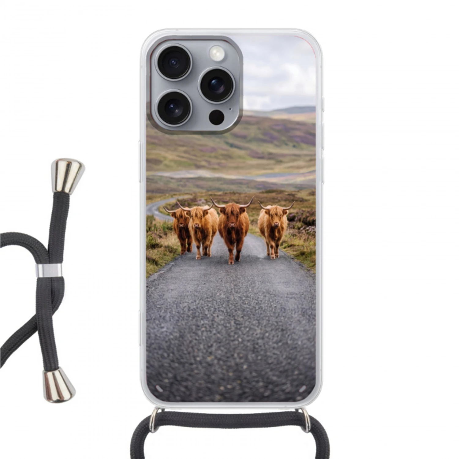 Schotse Hooglanders - Weg - Landschap - Kudde Hoesje iPhone 16 Pro Max met koord klein -3d