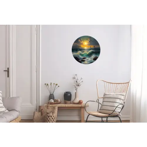 Zee - Zon - Golven - Rotsen Wandcirkel aluminium klein -woonkamer