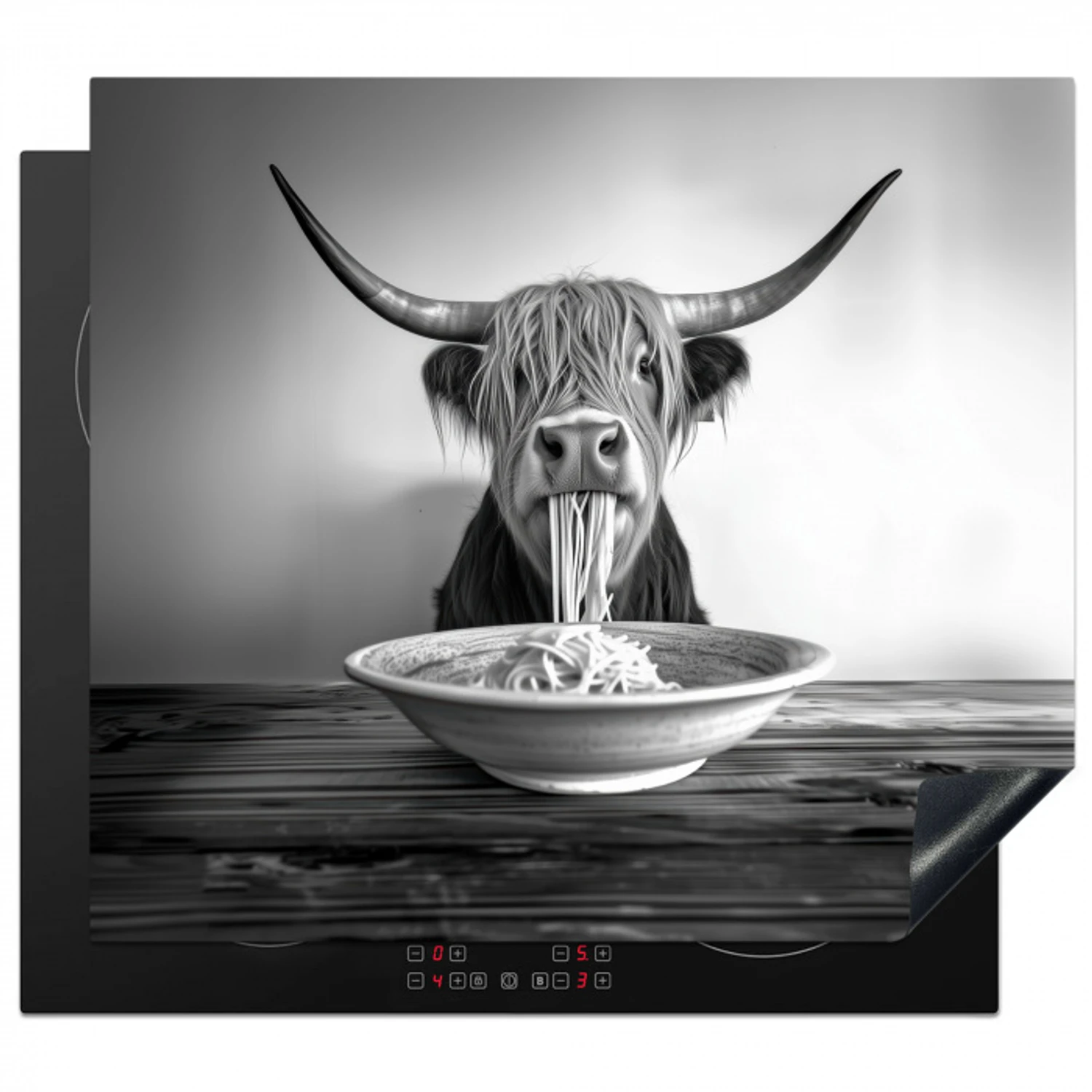 Schotse Hooglander - Spaghetti - Dieren - Zwart wit Inductie beschermer vinyl 3mm middel -3d