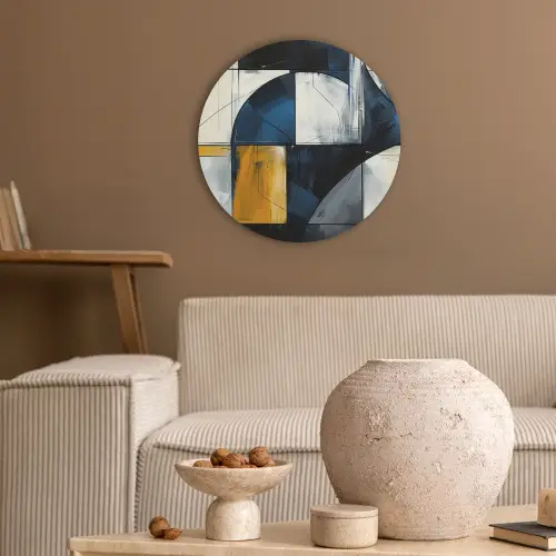 Abstract - Vormen - Goud - Blauw - Geometrisch Akoestische PET Vilt - Rond klein -sfeer1