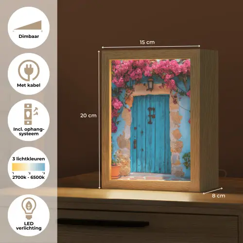 Deur - Hout - Bloemen - Blauw Light Box met kabel (Tafellamp) klein -USP_NL