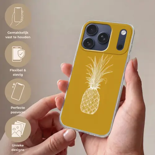 Lijnillustratie - Ananas - Bladkroon - Okergeel Telefoonhoesje iPhone 17 Pro klein -sfeer3_NL