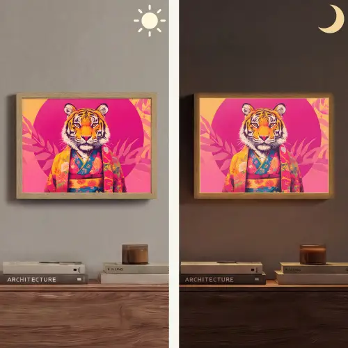 Tijger - Kimono - Planten - Roze Light Box met batterij (Wandlamp) middel -sfeer3