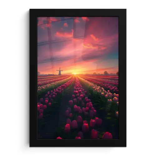Windmolen - Zonsondergang - Landschap fotolijst zwart zonder passe partout klein -3d