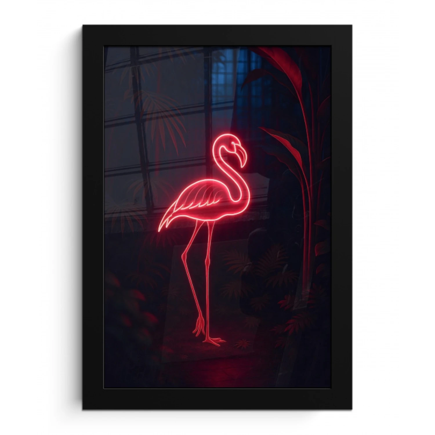 Flamingo - Roze - Neon - Licht fotolijst zwart zonder passe partout klein -3d