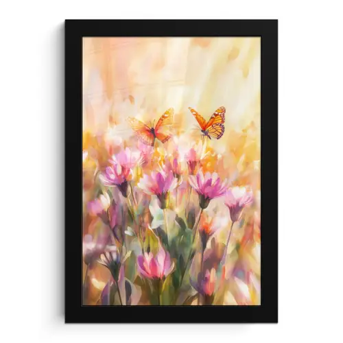 Vlinders - Oranje - Bloemen fotolijst zwart zonder passe partout klein -3d