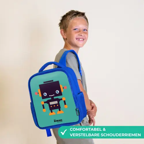 Zwarte robot met oranje accenten op een blauwe achtergrond Kinderrugzak - Blauw middel -sfeer3_NL
