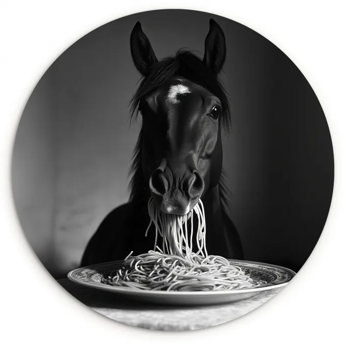 Paard - Bord - Pasta - Tafelkleed - Zwart Wit - Dieren Wandcirkel kunststof plaat 5mm dik klein -3d
