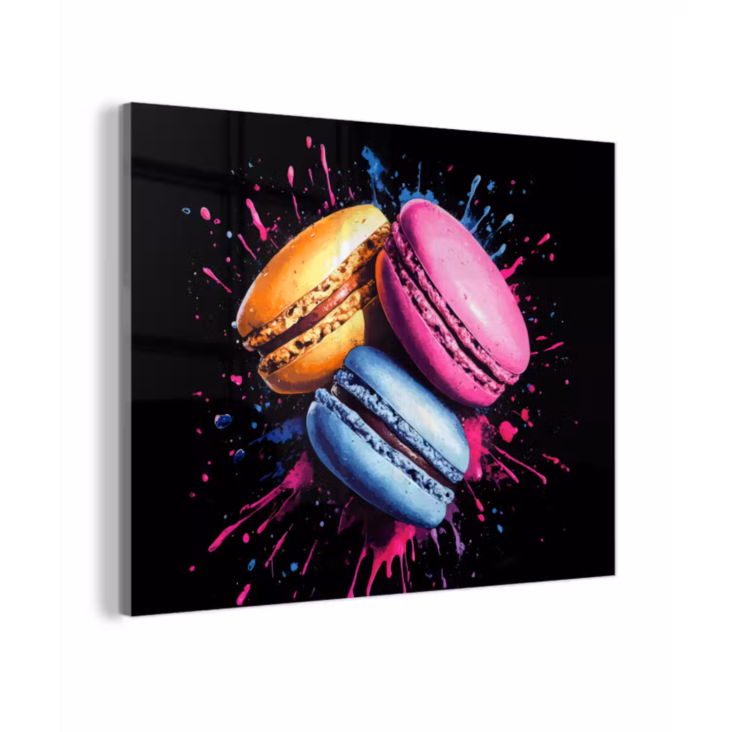 Glas schilderij - Macarons - Dessert - Graffiti - Kleurrijk - Roze - Blauw - Geel