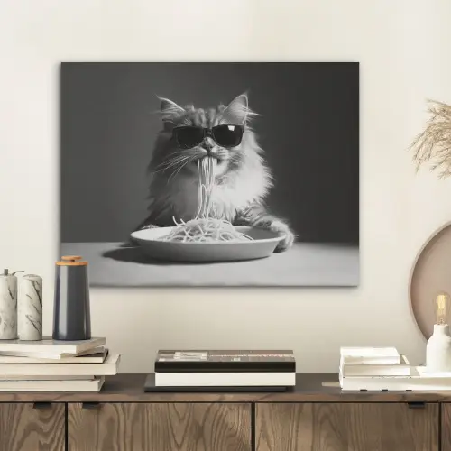 Langharige kat - Zonnebril - Spaghetti - Humor - Zwart - wit PET vilt klein -sfeer1