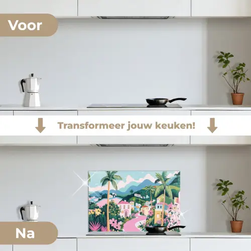 Kleurrijk - Huizen - Heuvels - Roze keuken achterwand spatscherm klein -voor_na_NL